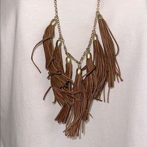 Long Brown Leather Tassel Statement Necklace with Gold‎ Tone Chain